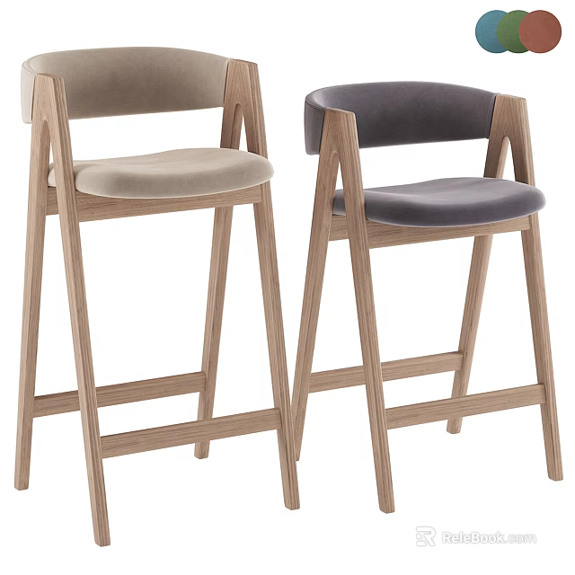 Elegant Modern Bar Stools With Wooden Frame Backrest And Colored Cushions 3d model
