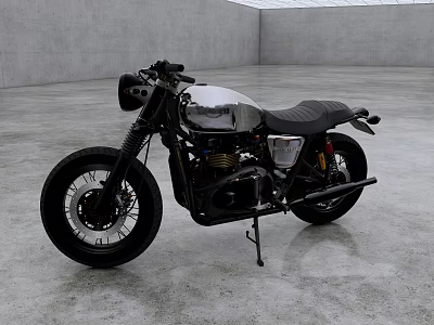 Vintage Silver and Black Motorcycle with Black Leather Seat on Industrial Gray Concrete Floor 3d model