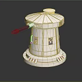 White Cylindrical Industrial Device With Black Handle And Red Indicator Lights On Base Structure