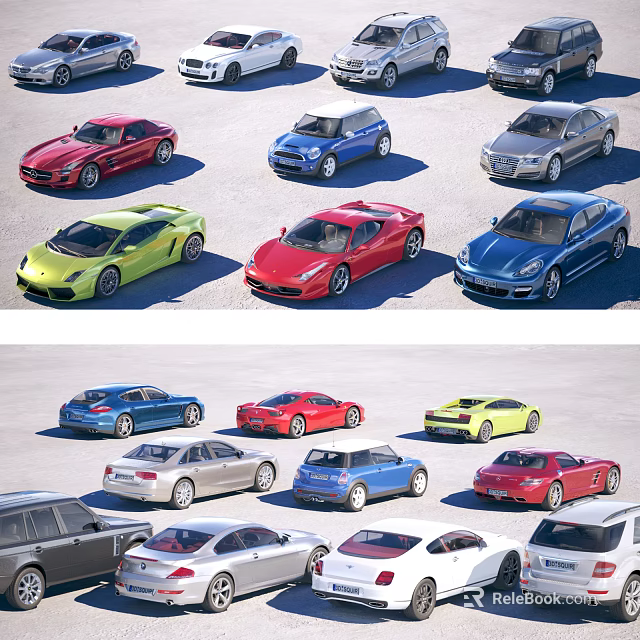 Various Colorful Cars Including Sports And Sedan Models Arranged In Display Lot 3d model 