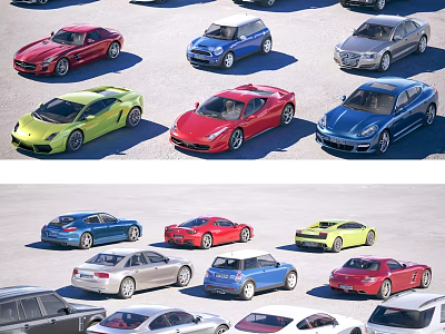 Various Colorful Cars Including Sports And Sedan Models Arranged In Display Lot 3d model