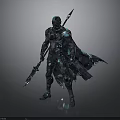 Sci Fi Warrior Character With Futuristic Armor Glowing Blue Accents And Spear Weapon