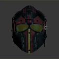 Combat Weapon Helmet With Red Blue Yellow Accents Green Goggle Lenses And Metal Bolt Design