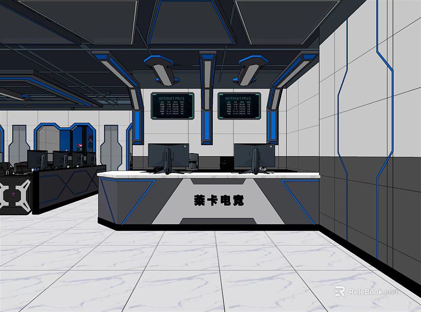 Modern High-Tech Gaming Cyber Cafe Interior With Multiple Computers And Blue Accents 3d model 