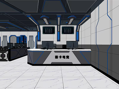 Modern High-Tech Gaming Cyber Cafe Interior With Multiple Computers And Blue Accents 3d model