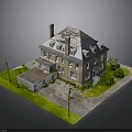 Brick Two Story House 3D Model With Chimney Roof Garage Lawn Trees And Street Lamp