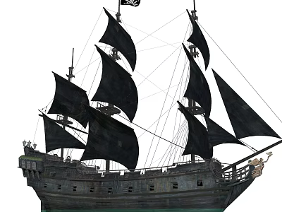 Vintage Pirate Sailing Ship With Black Sails Multiple Masts And Wooden Hull 3d model