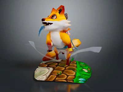 Playful 3D Cartoon Fox Character In Dynamic Pose On Stone Path With Green Grass 3d model