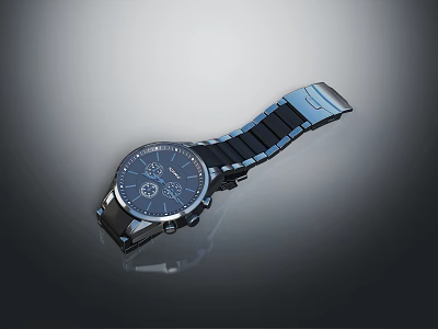 Modern Blue Dial Watch With Black Metal Strap And Sleek Chronograph Design 3d model