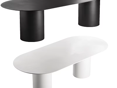 Oval Shaped Dining Tables With Smooth Tabletop And Cylindrical Legs In Black And White 3d model