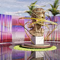 Golden Head Sculpture with Curved Decorations Marble Base Water Pool Palm Trees Purple Pink Backdrop