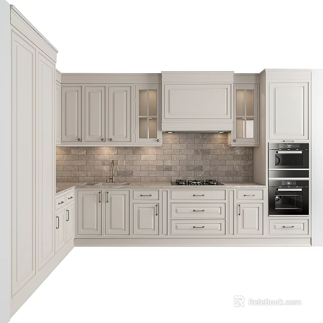 Modern White Kitchen Cabinets With Brick Backsplash Drawers And Gas Stove 3d model 