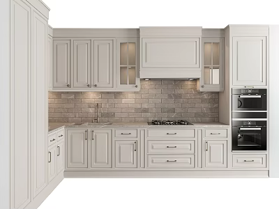 Modern White Kitchen Cabinets With Brick Backsplash Drawers And Gas Stove 3d model