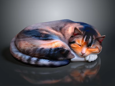 Sleeping Calico Cat Curled Up On Reflective Dark Surface With Soft Fur 3d model