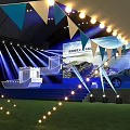 Garden Landscape with Grass Tables Chairs Canopy Banners String Lights and Projection Screen 3d model