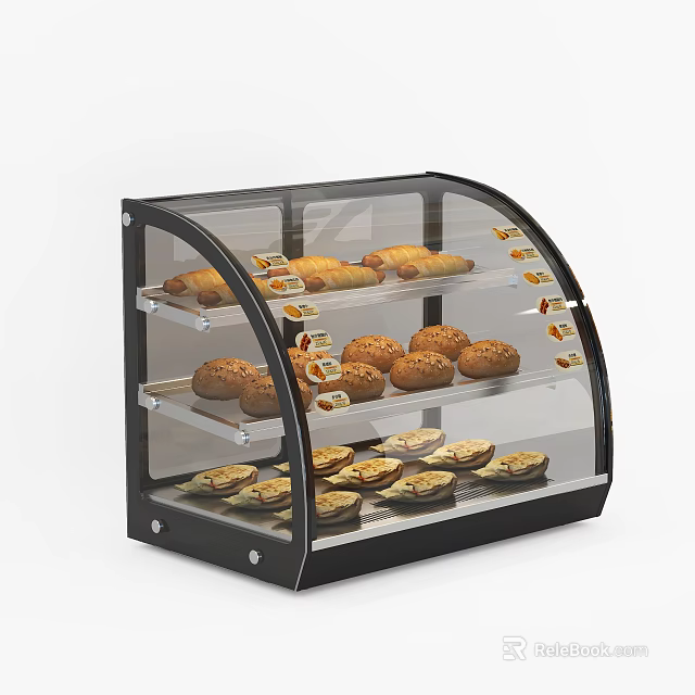 Transparent Bakery Display Case Kitchen Appliance With Bread Croissants On Multi Layer Shelves 3d model 