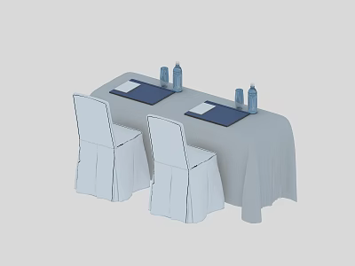 Dining Table Setup With White Tablecloth Two Chairs Blue Placemats And Bottles 3d model