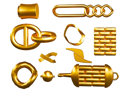 Golden Jewelry Design Elements Including Chains Rings Leaf And Geometric Shapes 3d model