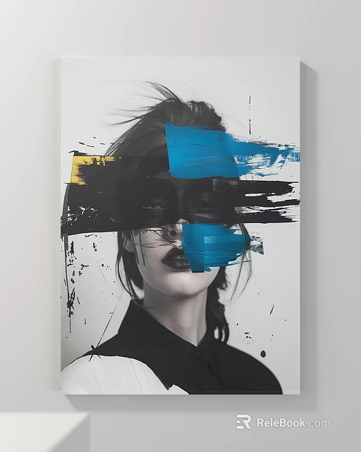 Abstract Painting Featuring Female Face With Blue Yellow Black Bold Brushstrokes And Splash Art 3d model 