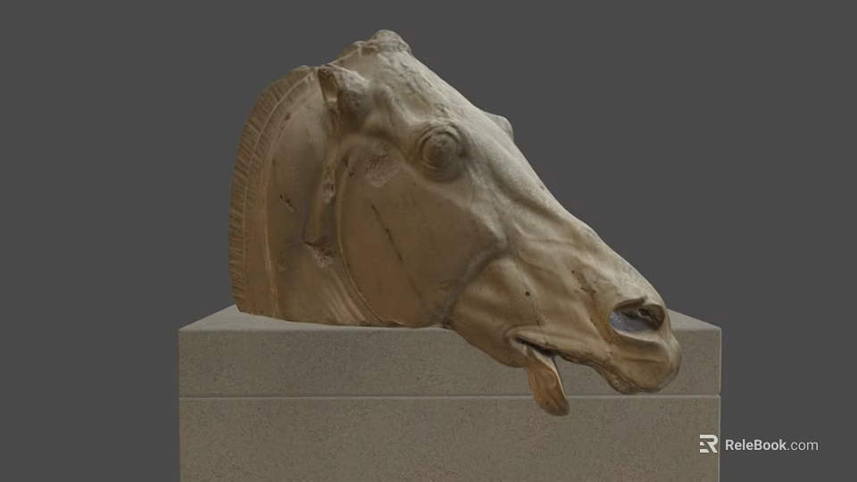 Ancient Horse Head Stone Sculpture With Intricate Carved Details On Pedestal 3d model 