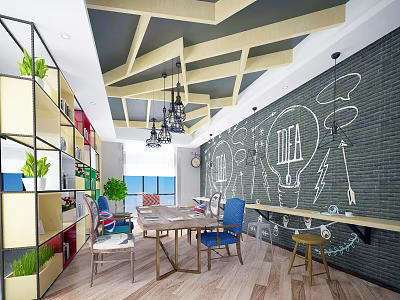 Creative Meeting Room With Blackboard Wall Geometric Ceiling Colorful Chairs And Green Plants 3d model