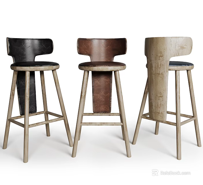 Modern Bar Stools With Leather Seats And Wooden Legs In Three Colors 3d model 