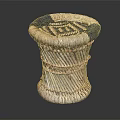 Handcrafted Woven Stool With Blue And Beige Patterned Top In Cylindrical Shape