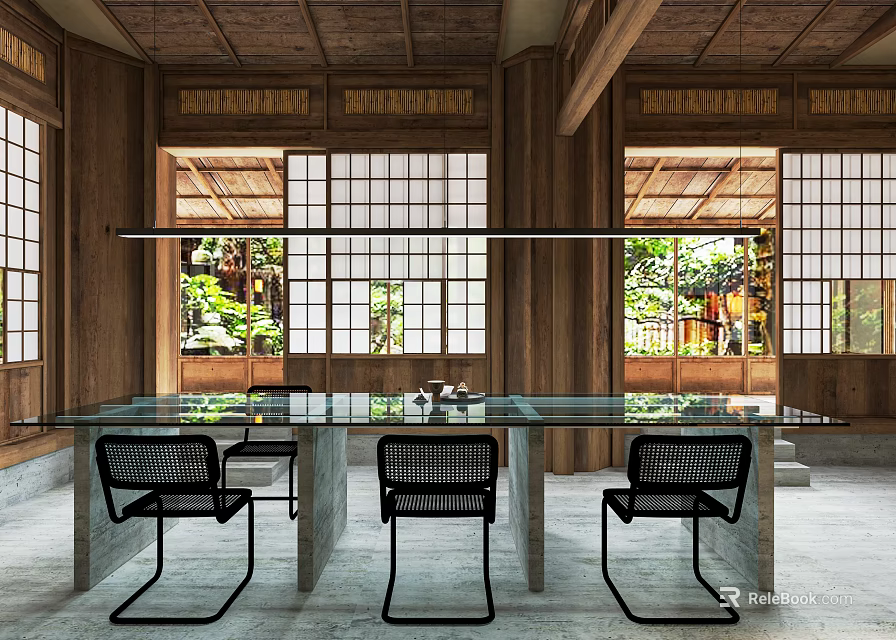 Rustic Restaurant Interior With Wooden Ceiling Large Windows Glass Table And Black Chairs 3d model 
