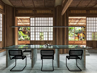 Rustic Restaurant Interior With Wooden Ceiling Large Windows Glass Table And Black Chairs 3d model
