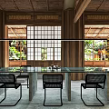 Rustic Restaurant Interior With Wooden Ceiling Large Windows Glass Table And Black Chairs