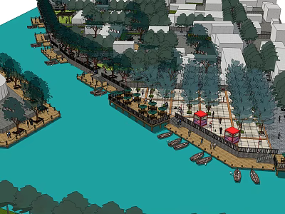 Riverside Waterfront Area With Moored Boats Trees Pedestrian Paths And Buildings 3d model