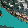 Riverside Waterfront Area With Moored Boats Trees Pedestrian Paths And Buildings