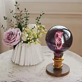 Decorative Ornament Set with White Vase Pink Rose Blue Purple Light Bulb Ornaments Wooden Base