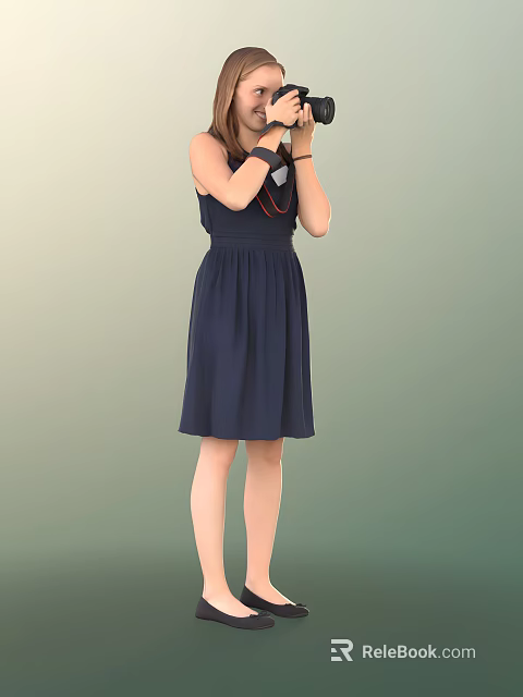 A Woman In Dark Blue Dress Wearing Black Gloves Standing Against Green Gradient Background 3d model 