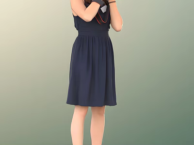 A Woman In Dark Blue Dress Wearing Black Gloves Standing Against Green Gradient Background 3d model