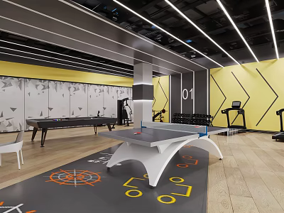 Contemporary Fitness Space With Table Tennis Table Treadmill Yellow Gray Walls And Wooden Flooring 3d model