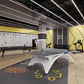 Contemporary Fitness Space With Table Tennis Table Treadmill Yellow Gray Walls And Wooden Flooring
