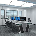 Modern Monitoring Room Interior With Multiple Control Desks And Digital Screens