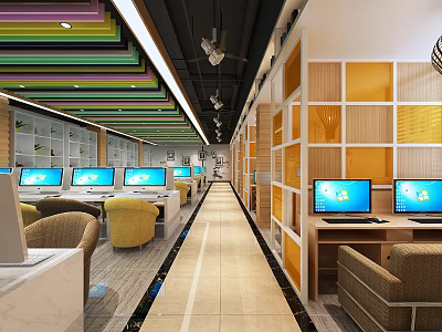 Modern Internet Cafe With Gaming Computers Comfortable Seating And Bright Modern Decor 3d model