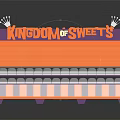 Colorful Candy Display Stand with Orange Purple Design Striped Base and Sweet Showcase Windows