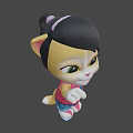 Cartoon Cat Game Character Waving Hand With Black Short Hair Red Top And Blue Shorts