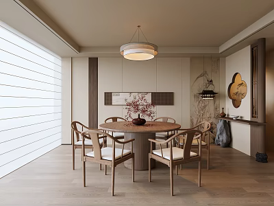 New Chinese Zen Round Table Restaurant Song Restaurant New Chinese Restaurant Dining Table and Chair New Chinese Lights Hanging Picture 3d model