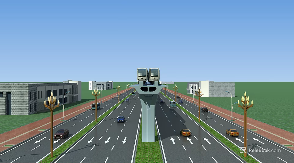 Modern Road Infrastructure Featuring Multiple Lanes Traffic Lights Street Lamps And Surrounding Buildings 3d model 