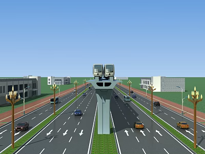 Modern Road Infrastructure Featuring Multiple Lanes Traffic Lights Street Lamps And Surrounding Buildings 3d model