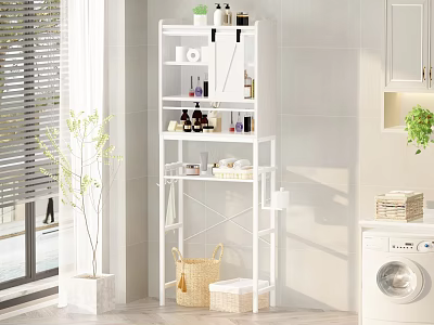 White Balcony Cabinet Multi layer Storage Shelf With Laundry Area And Plants 3d model