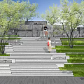 Modern Outdoor Stairs With Lush Greenery Water Feature And People Walking In Landscape