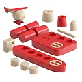 Red Wooden Building Blocks with Tower Platform Base Round Pieces and Small Airplane