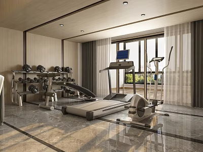 Modern Recreation Room With Home Gym Equipment And Large Windows 3d model