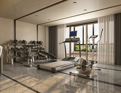 Modern Recreation Room With Home Gym Equipment And Large Windows 3d model