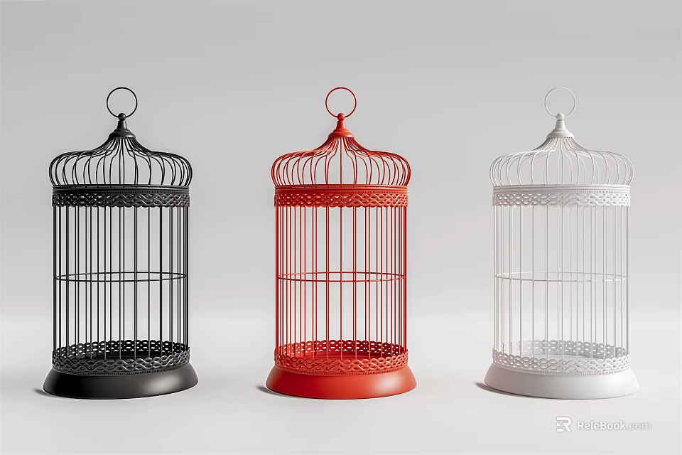 Black Red White Metal Birdcage Decorative Ornament Set for Home Decor 3d model 